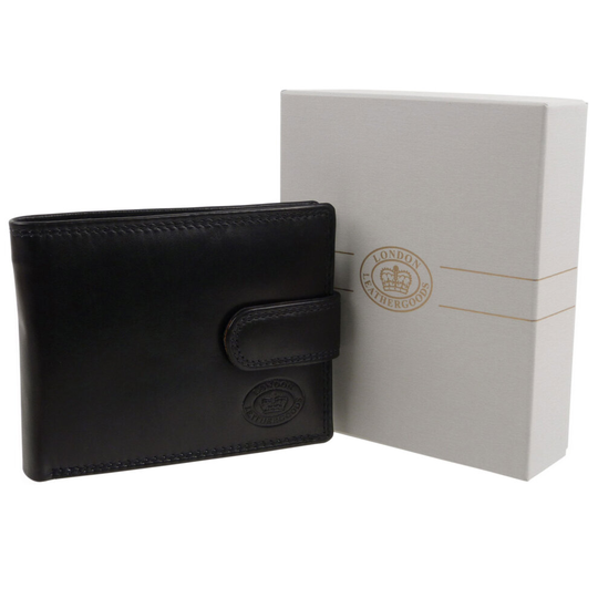 (Black) Mens Quality Soft Leather Tabbed Wallet by London Leather Goods Trifold Gift Boxed