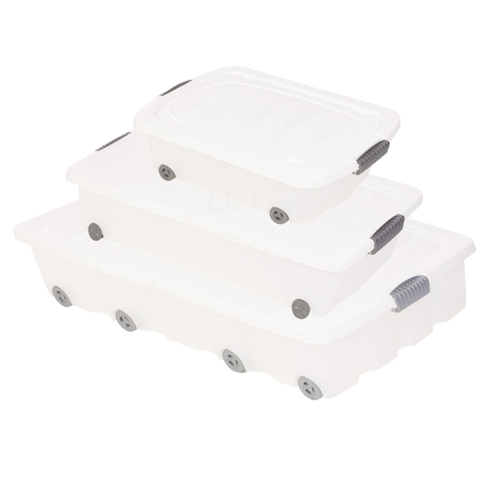 (70L, x2) White Plastic Under Bed Storage Box Wheeled + Lid