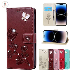Phone Case For Apple Flip iPhone 14 Pro Max Plus 13 12 11 Mini X XR XS 8 7 Bumper Frame Flip Magnetic Flower Crystal Diamond TPU PU Leather Lightinthebox