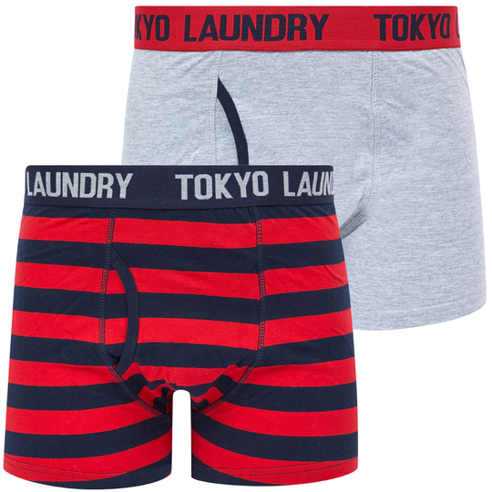 Mens Underwear Samein (2 Pack) Striped Boxer Shorts Set in Barados Cherry / Light Grey Marl - Tokyo Laundry / S - Tokyo Laundry