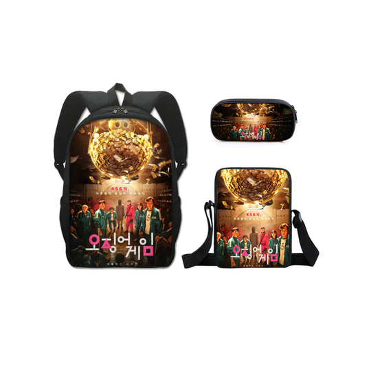 (1) 3 PCS Squid Game School Bag Lunch Bag Pencil Box Set Backpack