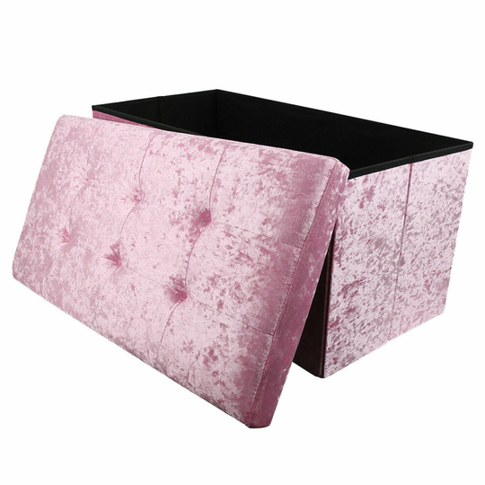 (Pink) Large 2 Seater Crushed Velvet Foldable Ottoman Storage Box Double Bed Foot Stool