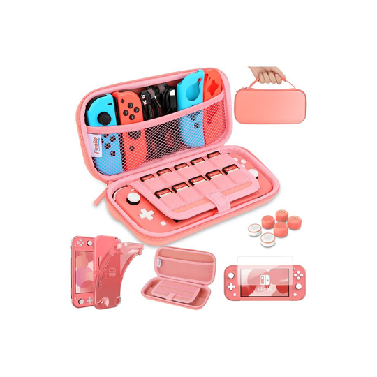 (Pink) Switch Lite Case with Soft TPU Protective Case Games Card 6 Thumb Grip Caps