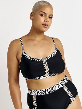 River Island Plus Button Detail Zebra Bikini Top - Black, Black, Size 18, Women