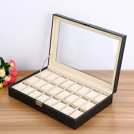 24 Slot Leather Watch Case Display Box Storage Jewellery Glass Top