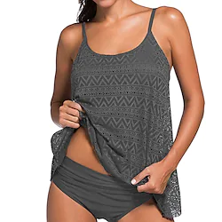Women's Swimwear Tankini 2 Piece Plus Size Swimsuit Modest Swimwear Open Back for Big Busts Print Geometric Black Gray Navy Blue Camisole Strap Bathing Suits New Vacation Fashion / Modern Lightinthebox