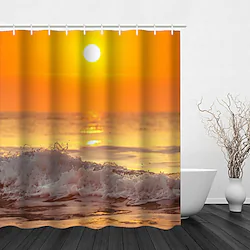 Beautiful Sunrise Sunset Sea Seaside Scenery Coconut Tree Printing Four-piece Shower Curtain Hook Modern Polyester Machined Waterproof Bathroom Lightinthebox