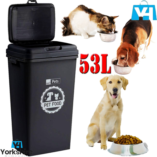(53L Pet Food Storage Bin (Black)) PET FOOD CONTAINER DOG CAT ANIMAL DRY FEED SEED STORAGE BOX BIN OR SCOOP