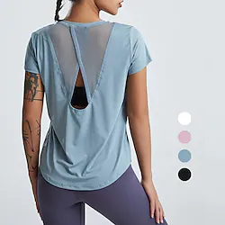 Women's Crew Neck Yoga Top Summer Cut Out Patchwork Solid Color White Black Spandex Yoga Gym Workout Running Tee Tshirt Sport Activewear Breathable Quick Dry Lightweight Stretchy Loose Lightinthebox
