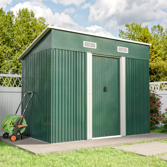 (Dark Green, 4x8ft) Metal Garden Shed Flat Roof Outdoor Storage House Tool Box + Steel Base
