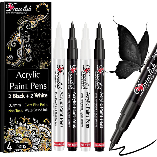 Acrylic Paint Pens, Black & White Pen Set of 4 Glass Paint Markers 0.7mm Extra Fine Tip | Ideal for Wood, Fabric, Porcelain, Ceramic, Stone, Rock Pain