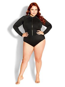 City Chic Cancun Long Sleeve 1 Piece - Black, Black, Size 14, Women
