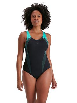 Speedo Plastisol Laneback Swimsuit - Black, Black, Size 28, Women
