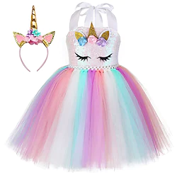 Princess Unicorn Outfits Flower Girl Dress Girls' Movie Cosplay A-Line Slip Vacation Dress Golden Rosy Pink Rainbow Dress Headband Halloween Children's Day Masquerade Polyester Lightinthebox
