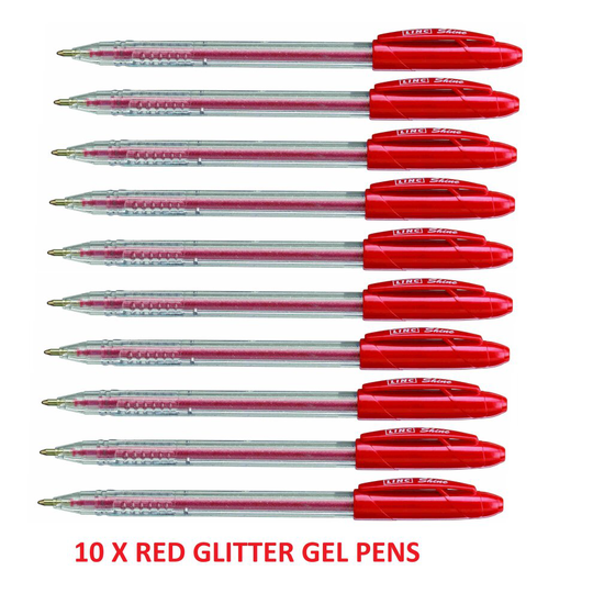 (Red Pack of 10) 10 x Shine Sparkled GLITTER Gel Pens 0.7 mm FINE Tip 10 colours All Colour