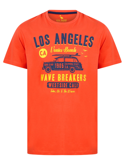 T-Shirts Wave Breakers Motif Cotton Jersey T-Shirt in Hot Coral - South Shore / S - Tokyo Laundry