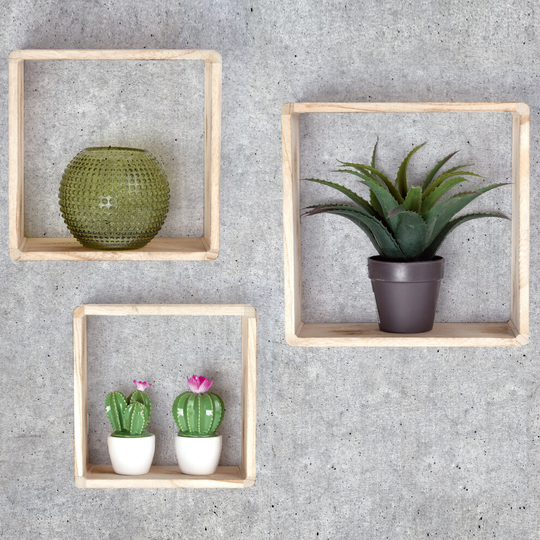 Set of 3 Modern Wall Floating Cube Box Shelves Natural Wood Shelf