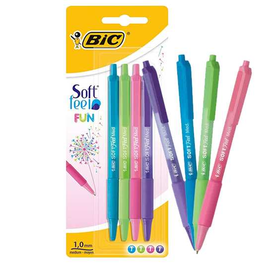 (1) Coloured Writing Pens Soft Feel Grip BIC 4 Pack Ink Medium Drawing Art Ballpoint
