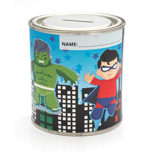Kids Super Hero Money Tin Box (500ml) Resealable Lid - HULK - IRON MAN etc