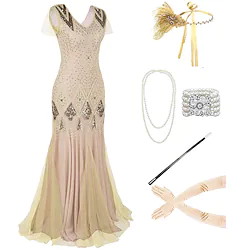 The Great Gatsby Roaring 20s 1920s Cocktail Dress Vintage Dress Flapper Dress Outfits Prom Dress Accesories Set Women's Tassel Fringe Costume Vintage Cosplay Party Prom Short Sleeve Floor Length Dress Lightinthebox