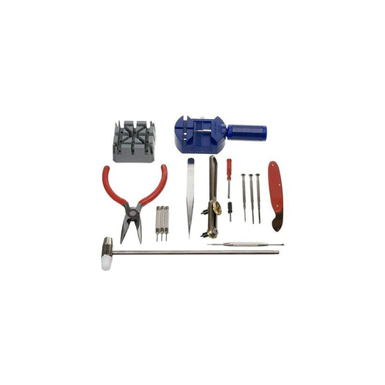 16 Pcs Watch Repair Tool Kit, Easy to Use, Watchmakers Toolkit, Band Pin Strap Link Remover, Back Opener, Steel Hammer, Case Knife, Screw Drivers