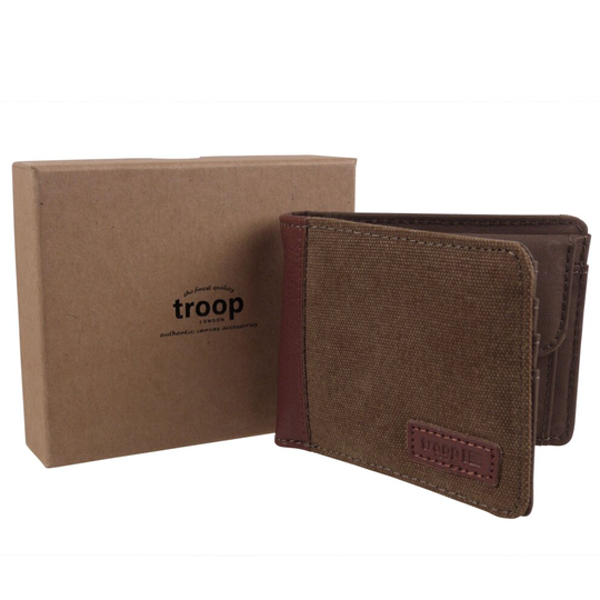 (Brown) Mens Troop London Heritage Wallet Canvas Leather Bifold Gift Boxed