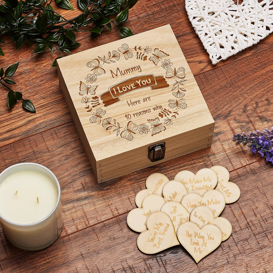 Mummy Gift 10 Reasons why I Love You Wooden Box and Hearts