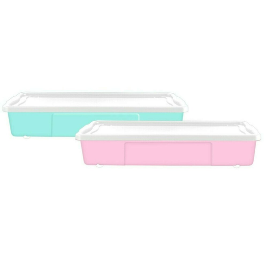 2 X 45 Litre Underbed Large Plastic Storage Container Pink/Blue Box