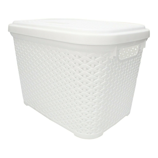 (White) Rattan Plastic Storage Box 20 Litre Stackable With Swing Lid