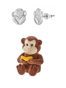 The Love Silver Collection Sterling Silver Monkey Stud Earrings with a Novelty Gift Box, Silver