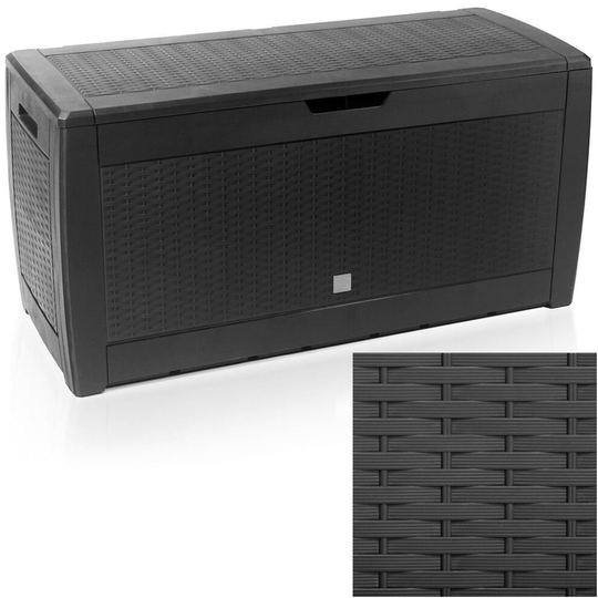 Extra Large Capacity Plastic Garden Storage Box Chest Container, Weatherproof with Durable & Lockable Sit On Lid 310 L (Rattan Design, Black