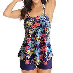 Women's Swimwear Tankini 2 Piece Plus Size Swimsuit Open Back Printing Flower Navy Blue Camisole Strap Bathing Suits New Vacation Fashion / Modern Lightinthebox