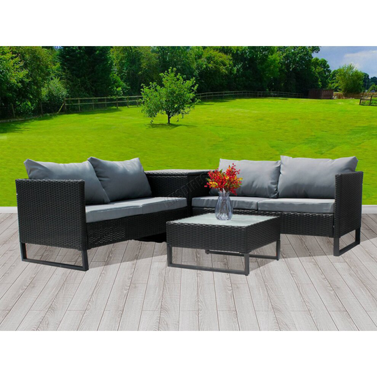 (Black) BIRCHTREE Rattan Garden Furniture Set Sofa Storage Box Glass Table Outdoor 03