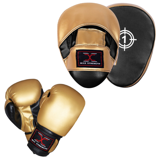 (Golden/Black Focus Pad With Gold/Black Gloves, 10 oz) MAX STRENGTH Boxing Gloves & Focus Pads Set for Kickboxing MMA Muay Thai