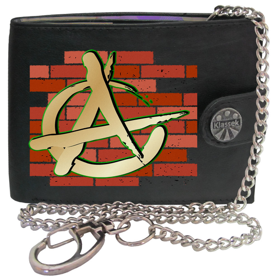 (With Chain) Anarchy Symbol Wall Revolution Mens Wallet Chain Leather Coin Pocket Klassek RFID Blocking Credit Card Slots and Metal Gift Box