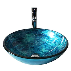 Blue Round Chrome Tempered Glass Glass Basin with Straight Tube Faucet, Basin Support and Drain Lightinthebox
