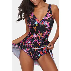 Women's One Piece Swimsuit Swim Dress Bodysuit Floral / Botanical Swimwear Black Blue Breathable Quick Dry Lightweight Swimming Surfing Beach Summer / Stretchy Lightinthebox