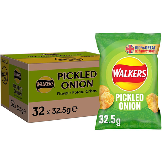 Walkers Crisps Pickled Onion Crisps Box, 32.5 g (Case of 32)