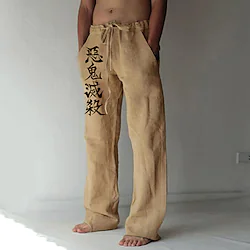 Inspired by Demon Slayer: Kimetsu no Yaiba Kamado Nezuko Kamado Tanjiro Linen Pants Straight Trousers Baggy Pants Anime Elastic Drawstring Design Front Pocket Pants For Men's Adults' Hot Stamping Lightinthebox