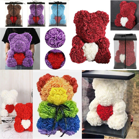 (Red Bear with White Heart, Without Gift Box) 25cm Flower Rose Bear With or Without Gift Box
