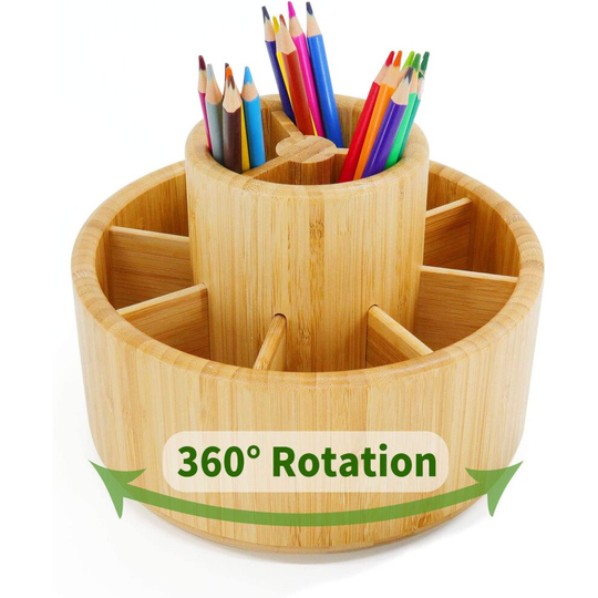 Utoplike Bamboo Rotating Pencil Holder, Office Desk Art Supplies Organisers, Wooden Desktop Pen Storage Box, Colored Pencil Caddy, 360 Degree Storage