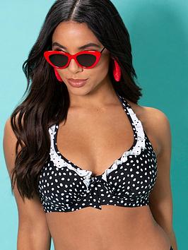 Pour Moi Hot Spots Halter Underwired Bikini Top - Black/White , Multi, Size 32Dd, Women