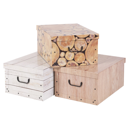 (Wood Style) 3 Underbed Cardboard Storage Boxes Lids Handles