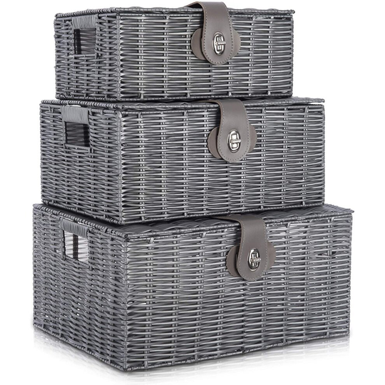 (Grey) 3 Resin Woven Wicker Hamper Basket Storage Box