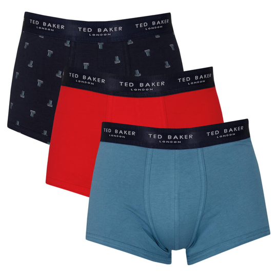 (L, Lychee/Aegean Blue/Navy Wikket) Ted Baker Mens 3 Pack Patterned Comfort Cotton Stretch Boxer Briefs