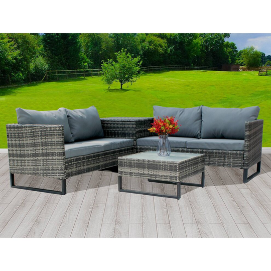 (Grey) BIRCHTREE Rattan Garden Furniture Set Sofa Storage Box Glass Table Outdoor 03