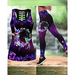 Women's Activewear Set Yoga Suit Yoga Set 3D Print 2 Piece Floral Leggings Tank Top Violet Black Spandex Yoga Fitness Gym Workout High Waist Tummy Control Butt Lift Breathable Sleeveless Sport Lightinthebox