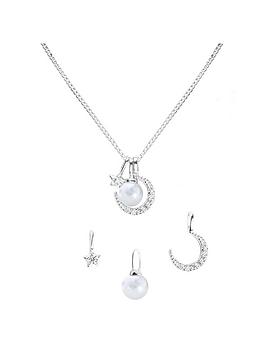 The Love Silver Collection Sterling Silver Pearl, Moon And Star Cubic Zirconia Adjustable Box Chain Necklace