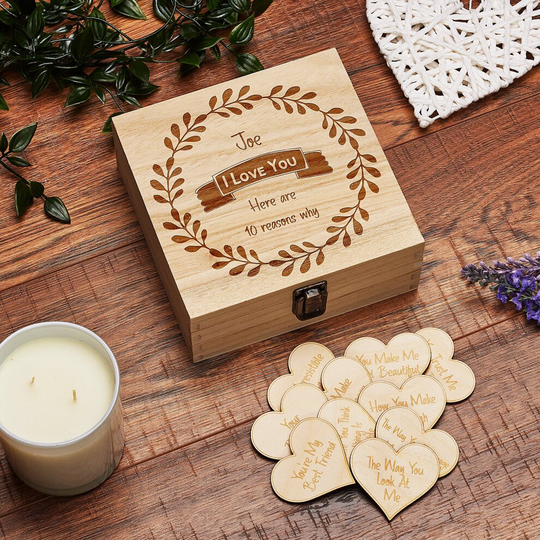 Personalised Gift for Her 10 Reasons why I Love You Wooden Box and Hearts