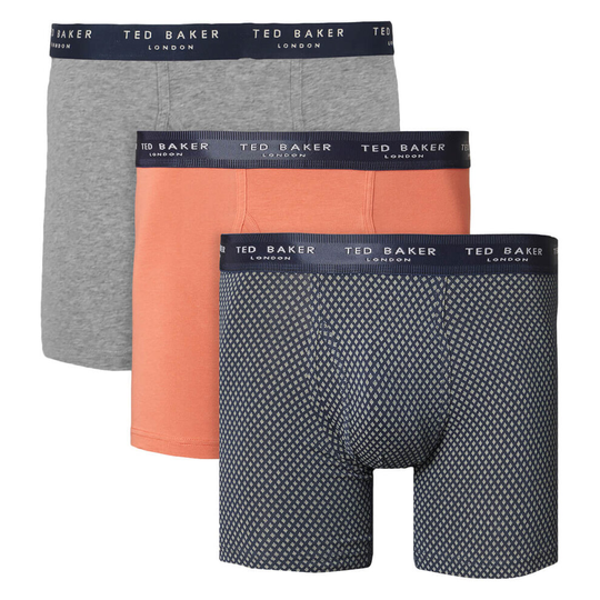 (M, Grey Heather/Hot Sauce/Navy) Ted Baker Mens 2021 3-Pack Cotton Contour Pouch Breathable Fashion Boxer Briefs